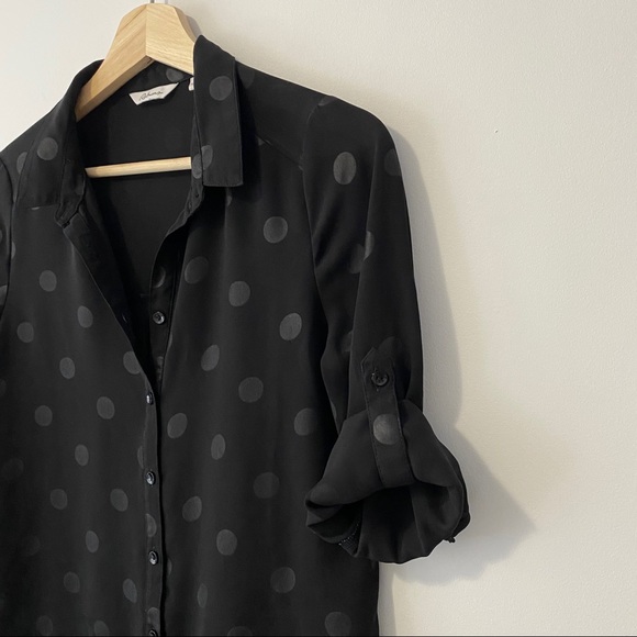 Reitmans Polka Dot Sheer Panel Button Front Shirt Blouse Size XS Black - Picture 2 of 7